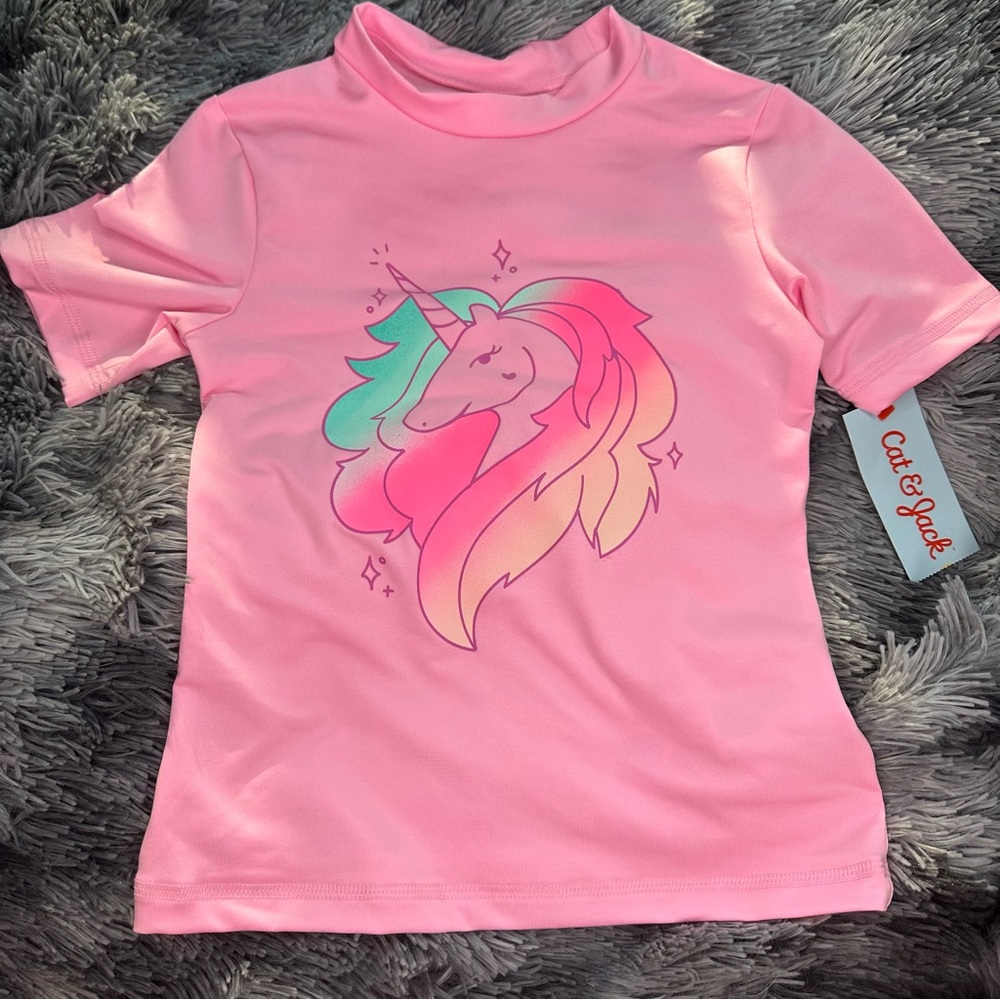 NEW Cat & Jack girls pink unicorn swim top rash guard shirt size 4/5